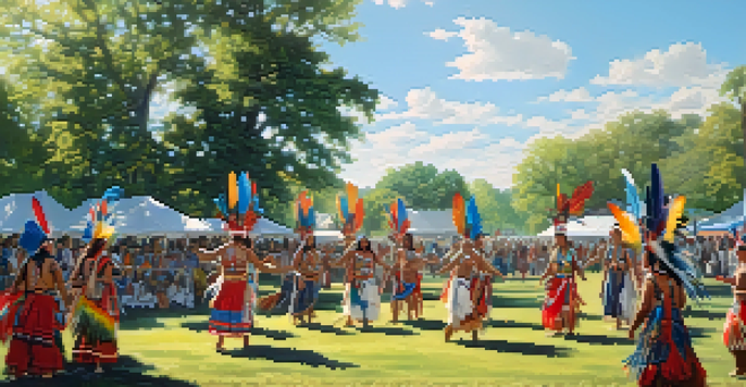 A colorful powwow in Detroit with Indigenous dancers in traditional attire performing in a park, surrounded by a diverse audience and tribal banners.