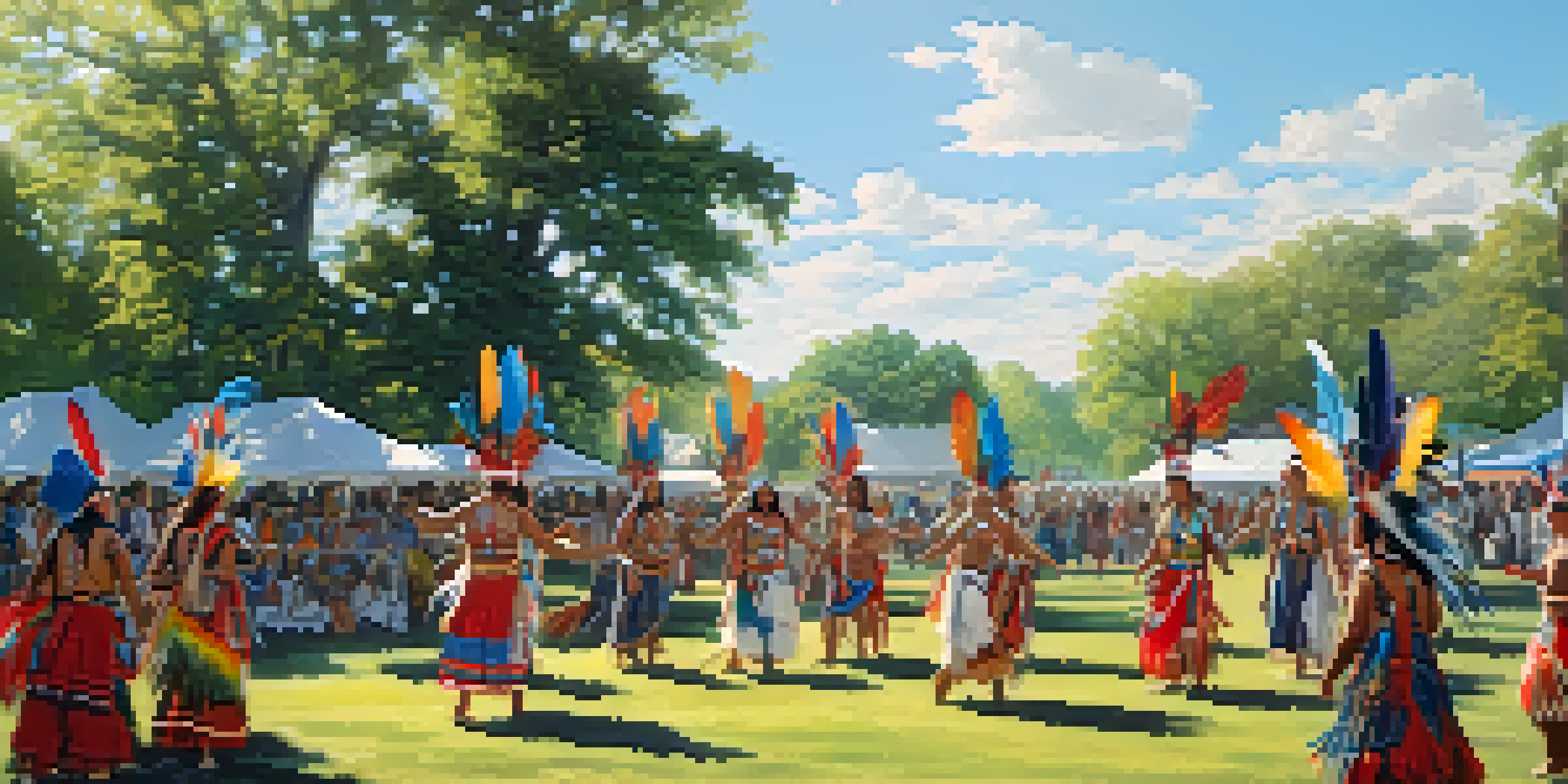 A colorful powwow in Detroit with Indigenous dancers in traditional attire performing in a park, surrounded by a diverse audience and tribal banners.