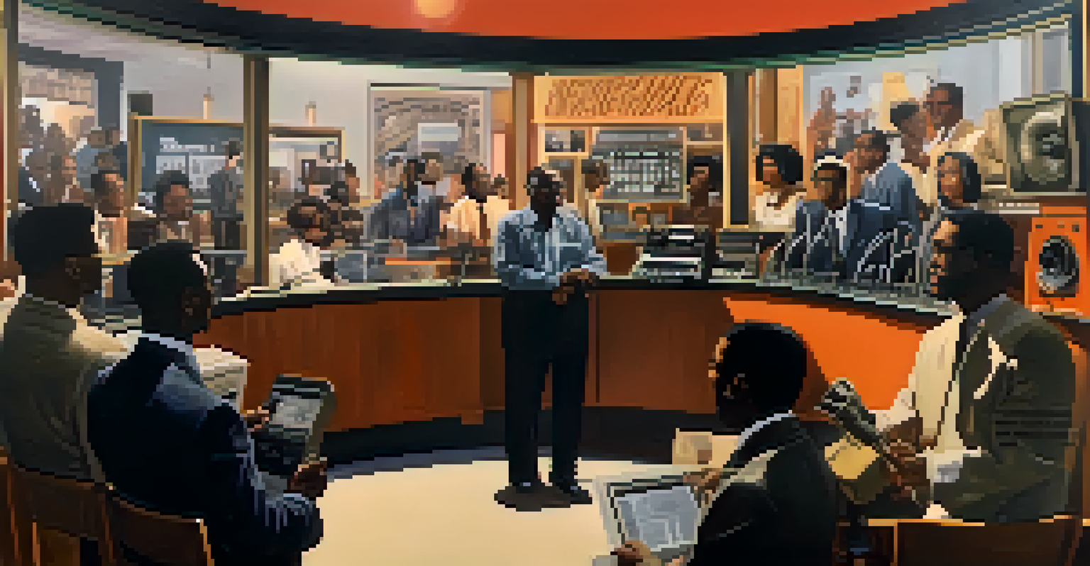 A radio broadcast studio in the 1960s with an African American activist speaking into a microphone, and a diverse audience listening intently, surrounded by civil rights posters.