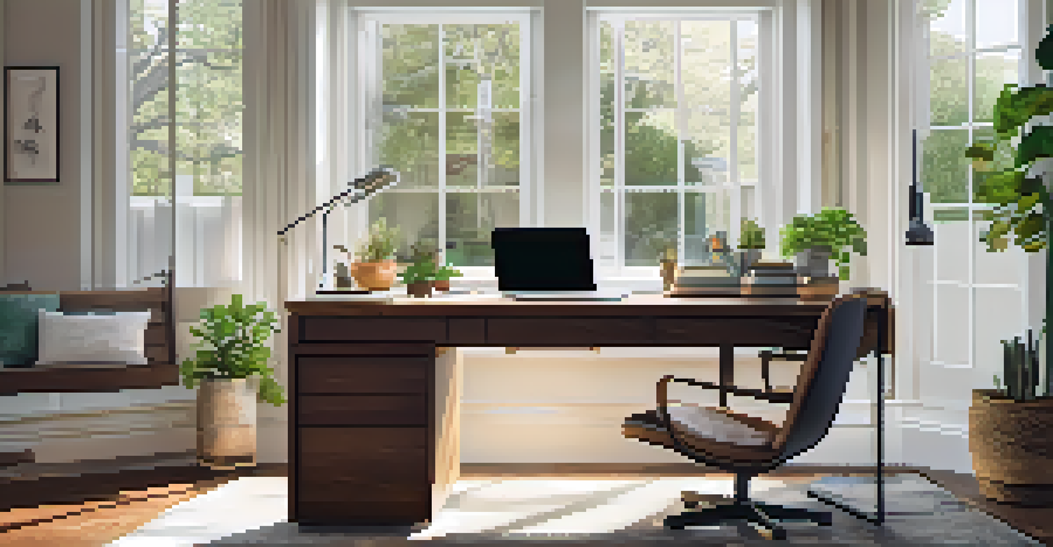 A modern home office with a laptop and plants, bathed in natural light from large windows.