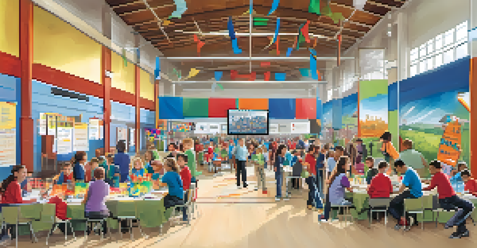 A lively community event in a school gym featuring technology initiatives, with booths and families interacting with educational displays.