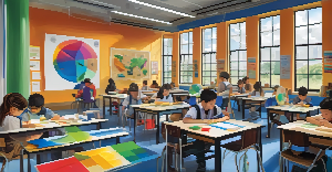 A diverse group of students in a bright classroom working on a STEM project with guidance from an industry professional.