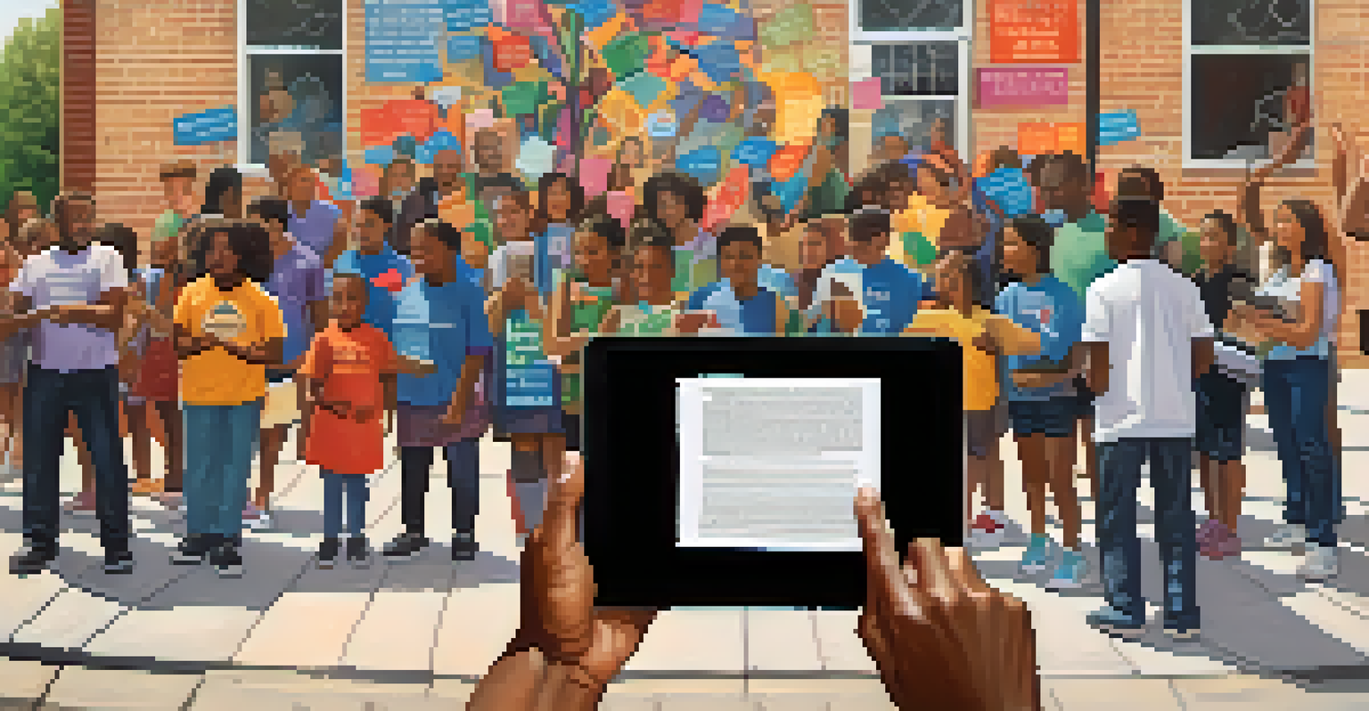 Close-up of hands holding a tablet showing a petition for school funding, surrounded by community members with a mural in the background symbolizing education and activism.