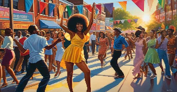 A colorful street festival in Detroit highlighting Motown music, with people dancing and banners of Motown artists.