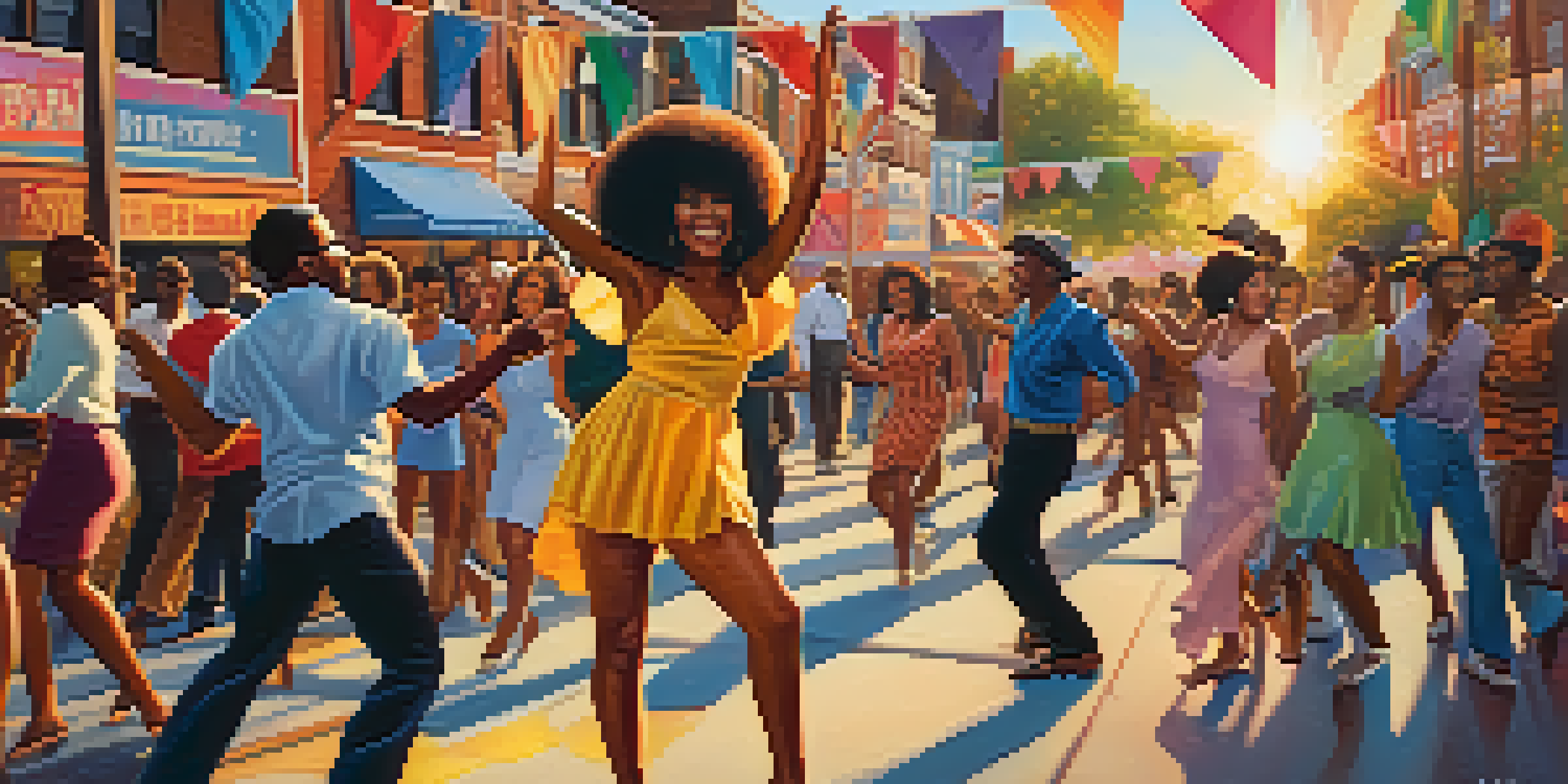 A colorful street festival in Detroit highlighting Motown music, with people dancing and banners of Motown artists.