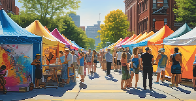 A bustling Detroit art festival with local artists and a diverse crowd engaging with colorful artwork and live performances.