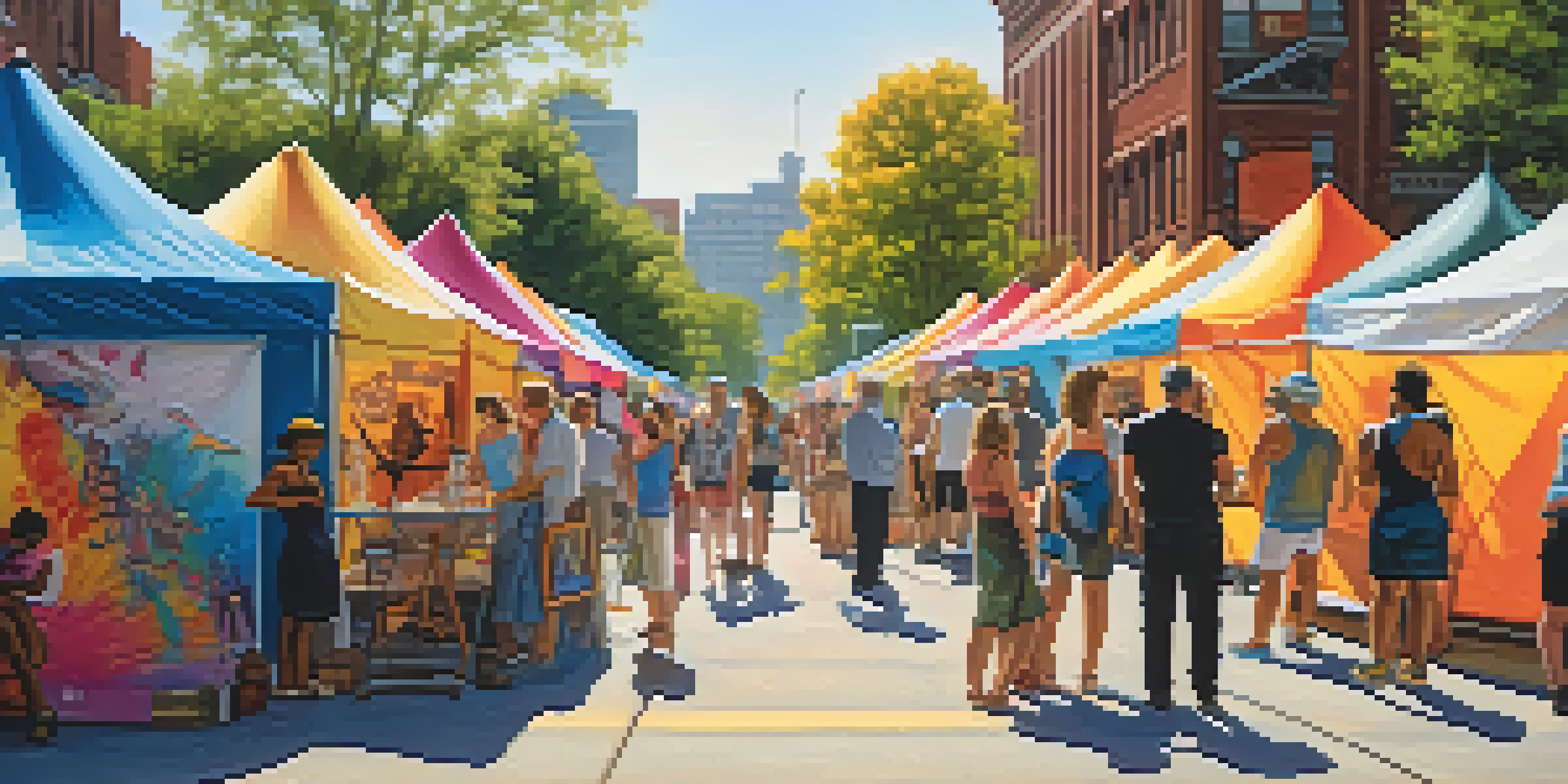 A bustling Detroit art festival with local artists and a diverse crowd engaging with colorful artwork and live performances.