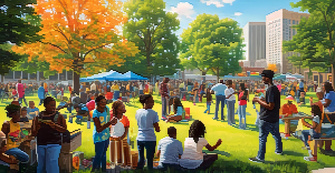 A lively park scene in Detroit with diverse young people engaged in creative activities, surrounded by greenery and city buildings.