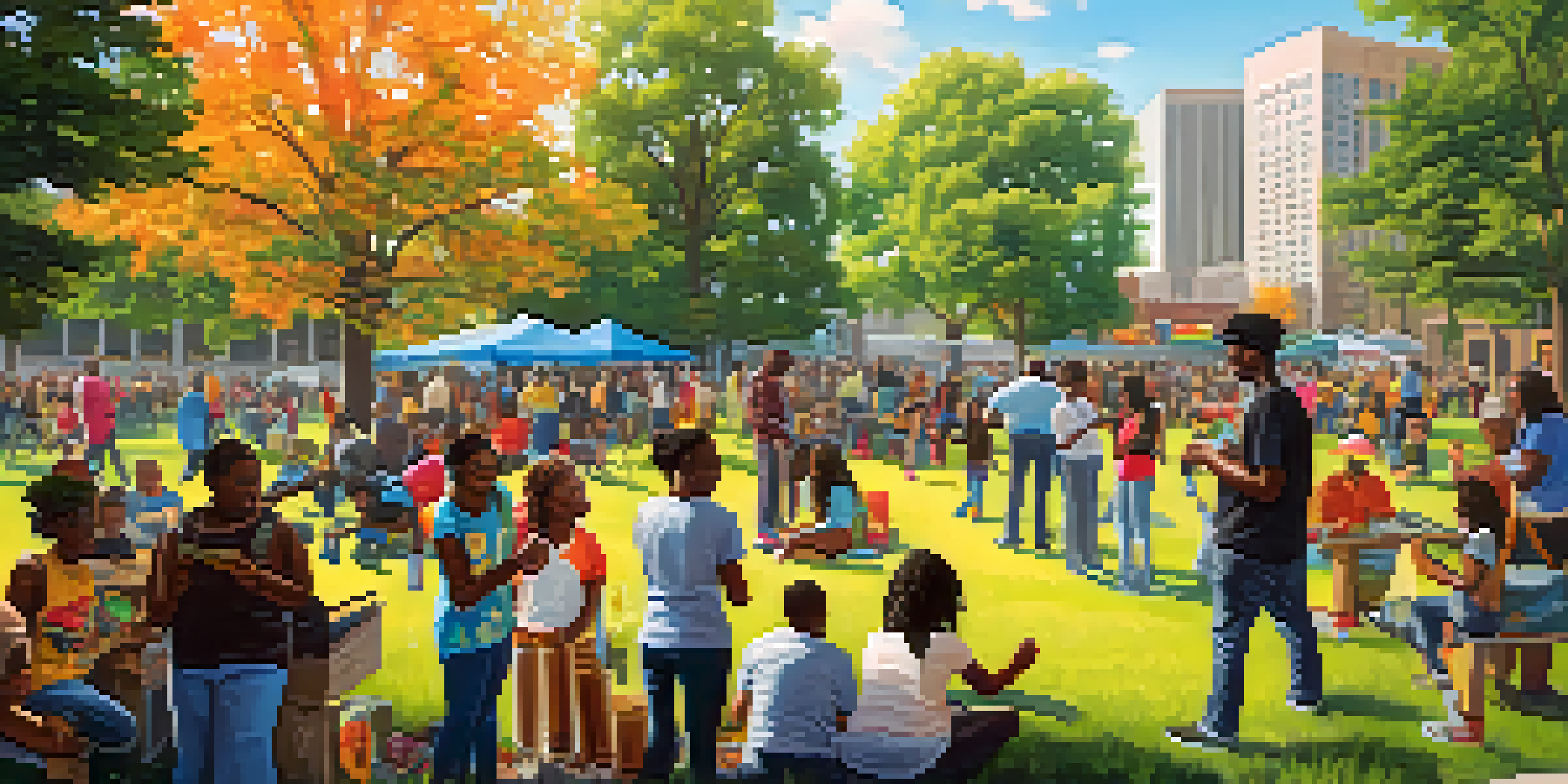 A lively park scene in Detroit with diverse young people engaged in creative activities, surrounded by greenery and city buildings.