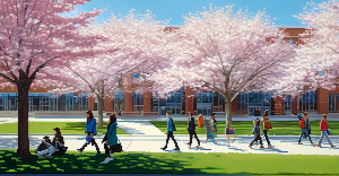 A picturesque view of a fashion school campus with blooming cherry blossom trees and students walking around.