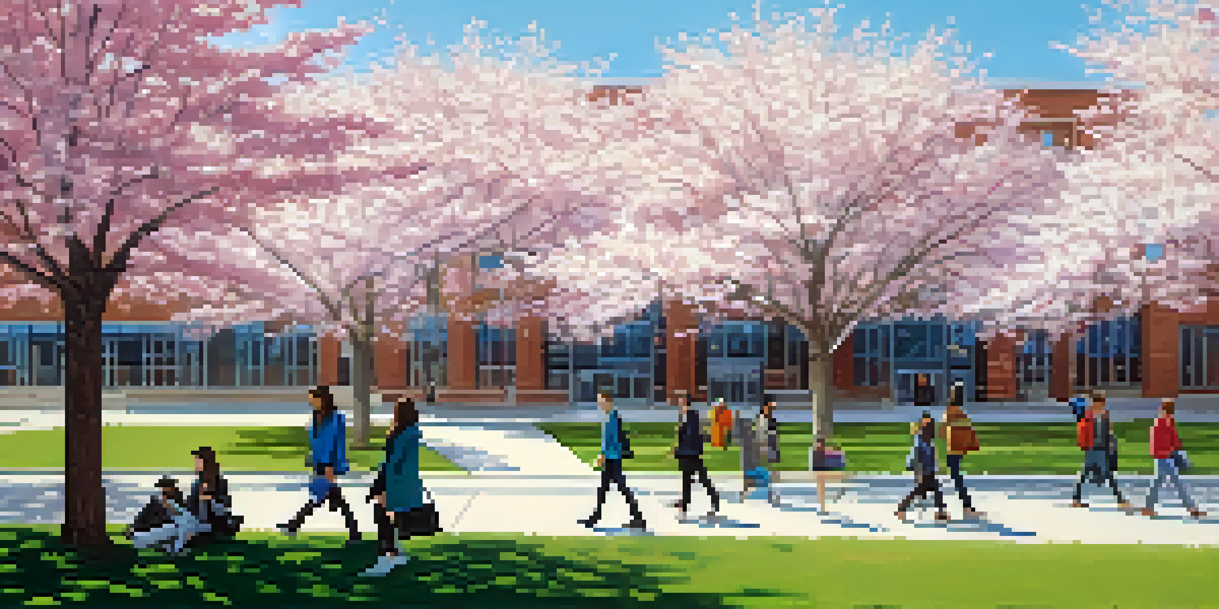 A picturesque view of a fashion school campus with blooming cherry blossom trees and students walking around.