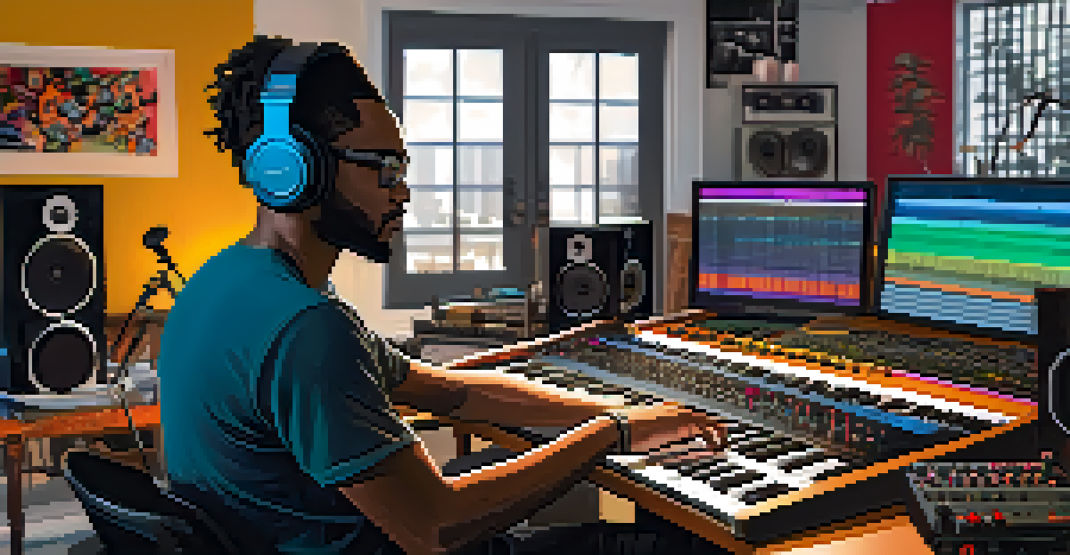 A modern musician in a home studio filled with digital audio equipment and instruments, illustrating the fusion of technology and creativity in music production.