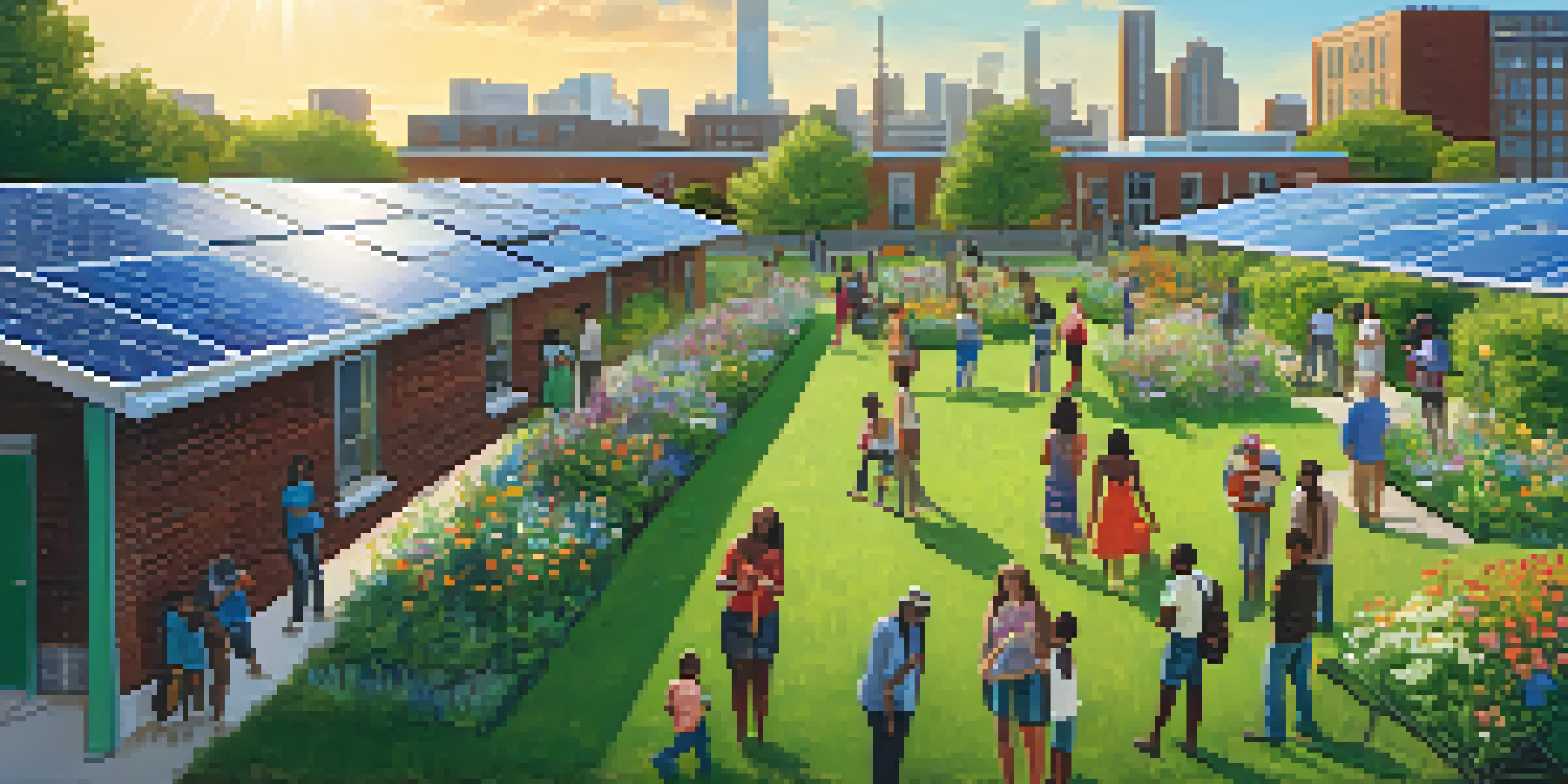 A diverse group of residents in a sunny community solar garden, with solar panels on a school rooftop and blooming flowers around.