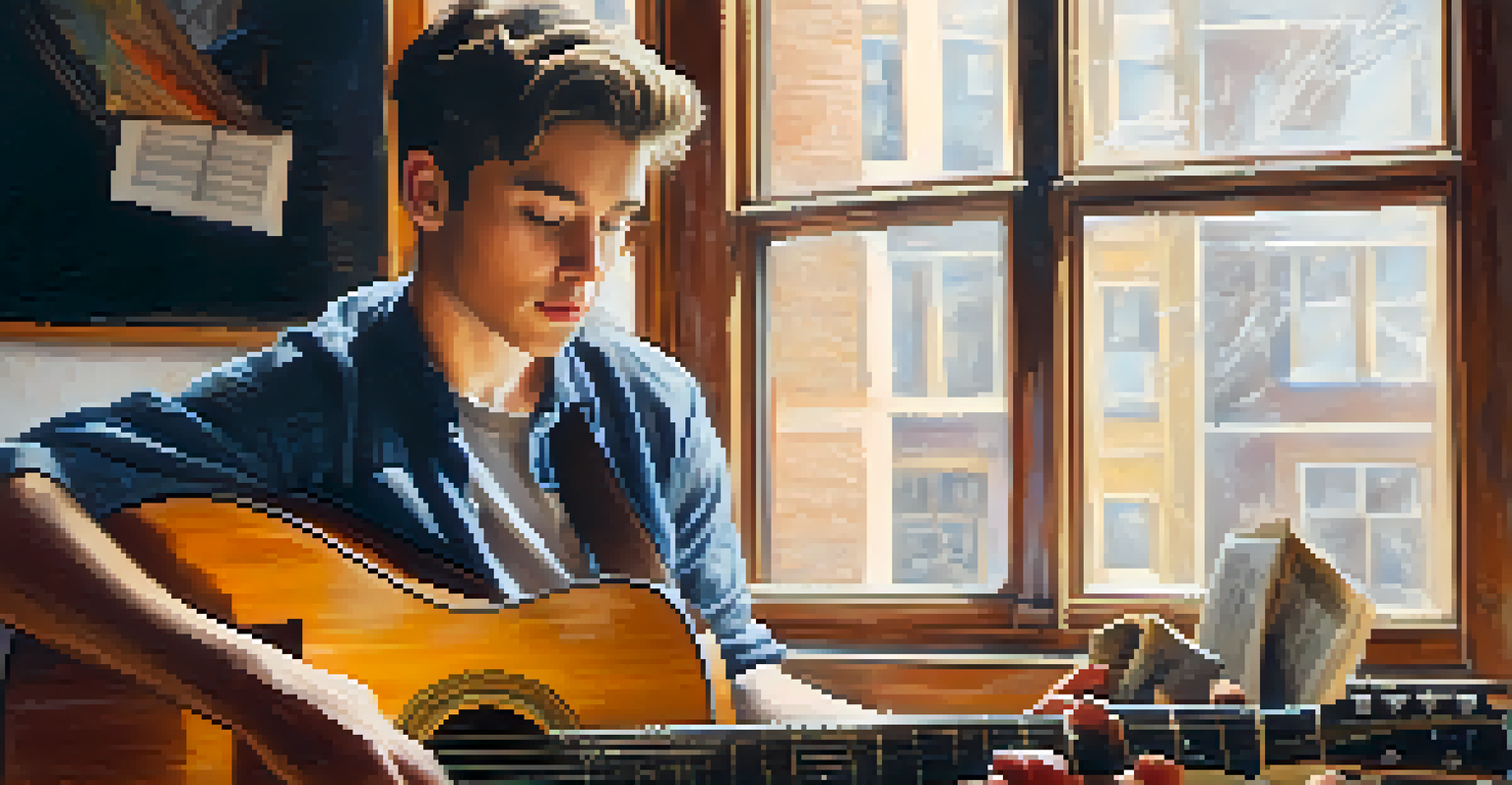 A close-up of a young musician passionately playing a vintage guitar in a sunlit rehearsal space filled with instruments.