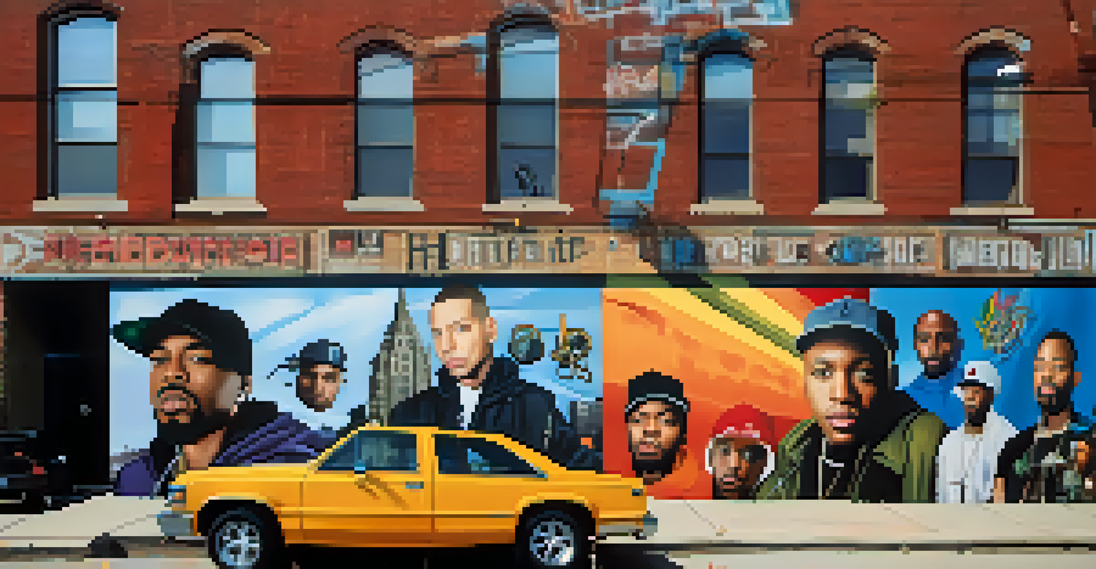A colorful mural in Detroit celebrating hip-hop culture, featuring portraits of artists and musical elements with the city skyline in the background.