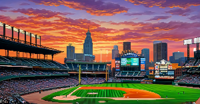 A sunset view of Comerica Park with the Detroit skyline in the background, fans enjoying a game.
