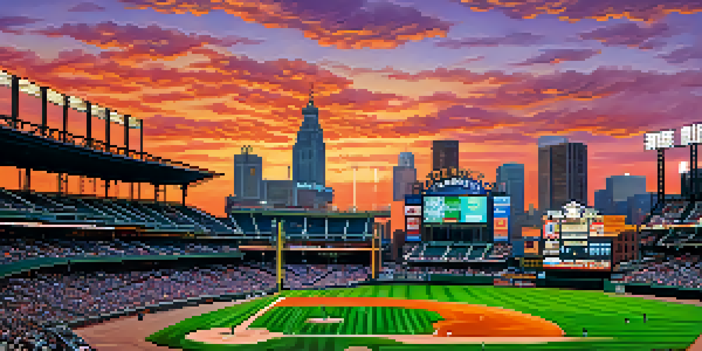 A sunset view of Comerica Park with the Detroit skyline in the background, fans enjoying a game.