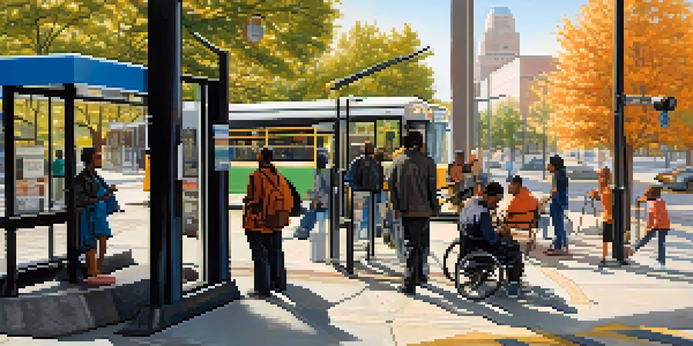 A lively Detroit bus stop with diverse people, including someone in a wheelchair accessing a low-floor bus, surrounded by modern transit signs and tactile paving, set in a sunny urban environment.