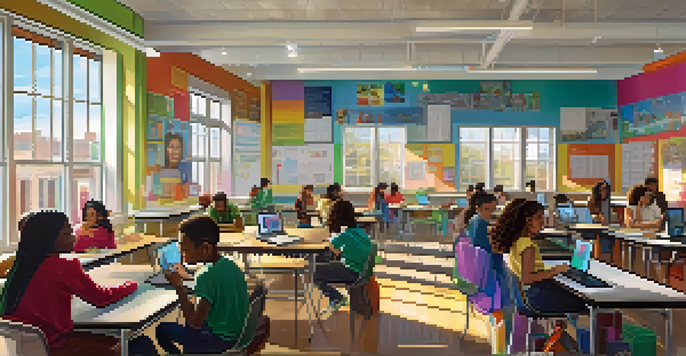 A diverse group of students in a bright classroom using technology for collaborative learning.