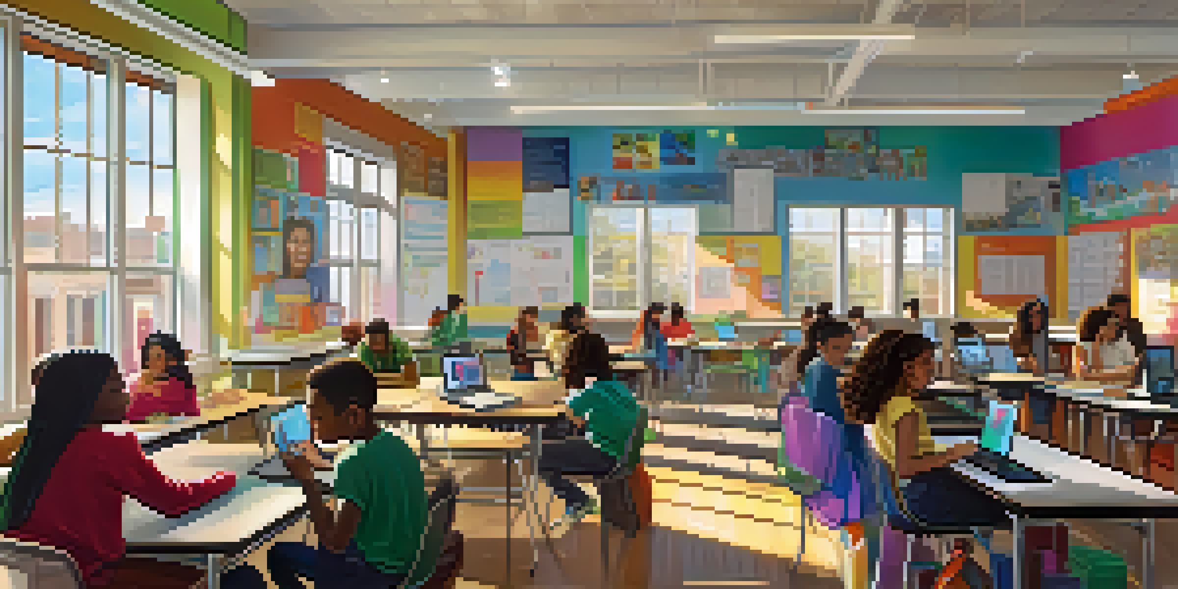 A diverse group of students in a bright classroom using technology for collaborative learning.