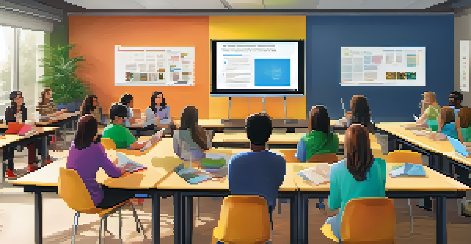 Students in a flipped classroom discussing in groups after watching a lecture video, with a large screen and colorful seating.