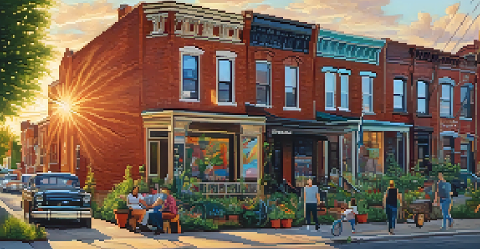 A bustling street in Corktown, Detroit with historic brick homes, colorful murals, and young professionals enjoying a cafe atmosphere during sunset.