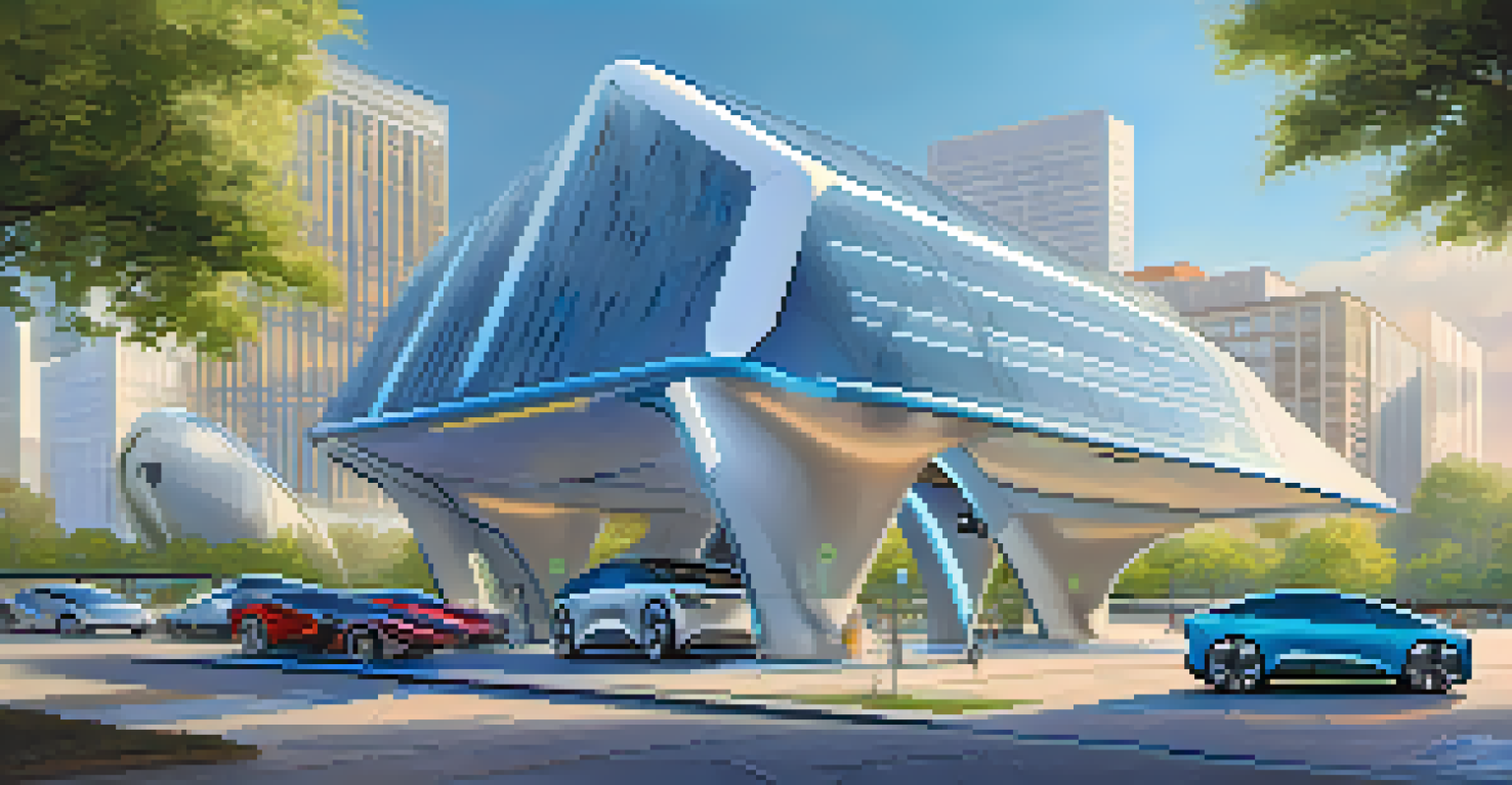 A modern electric vehicle charging station in Detroit with sleek cars and futuristic buildings, surrounded by greenery.