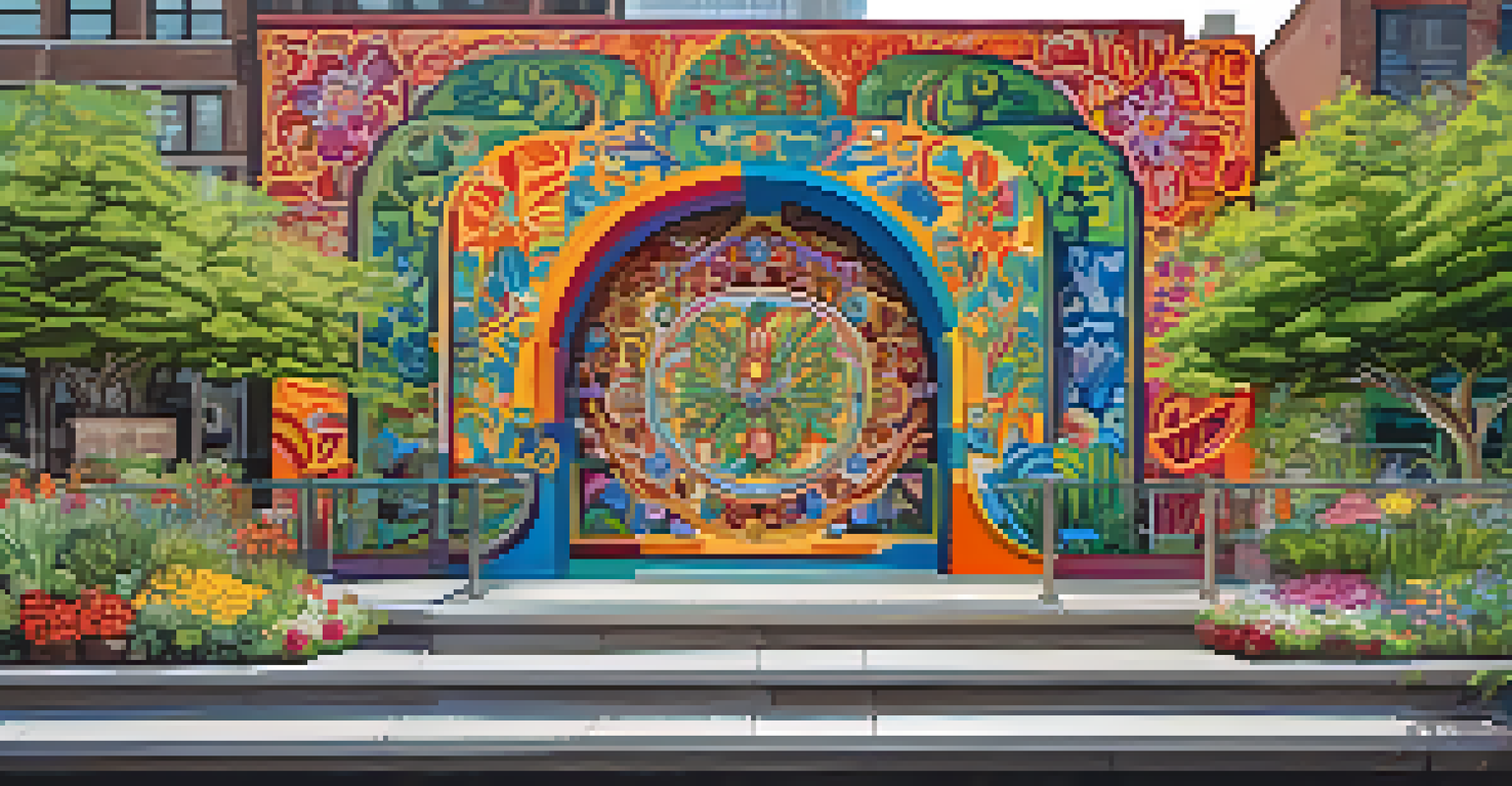 A detailed view of public art along the Detroit Riverwalk, showcasing a mural and sculptures surrounded by greenery.