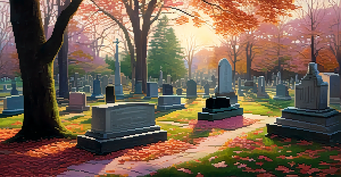 A historic cemetery in Detroit bathed in golden hour light, showcasing detailed gravestones and vibrant autumn leaves.