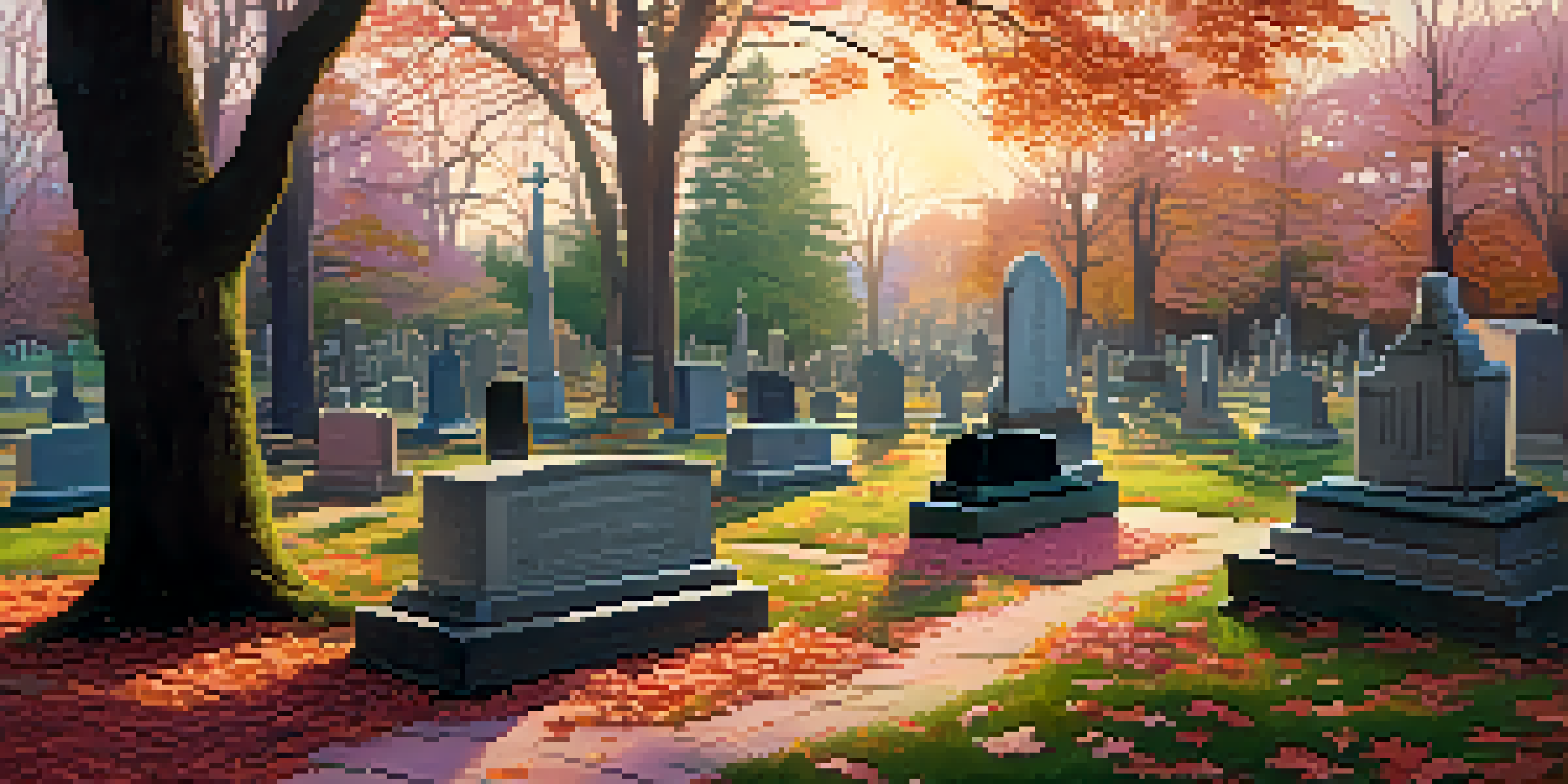 A historic cemetery in Detroit bathed in golden hour light, showcasing detailed gravestones and vibrant autumn leaves.