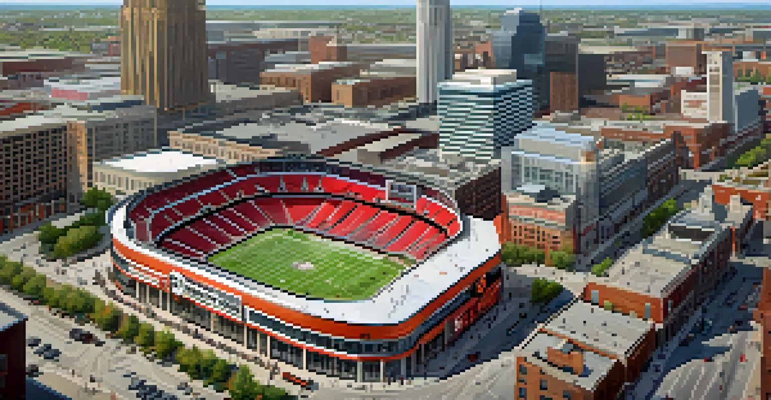 Aerial view of downtown Detroit featuring Little Caesars Arena and surrounding modern developments with bustling streets and green spaces.