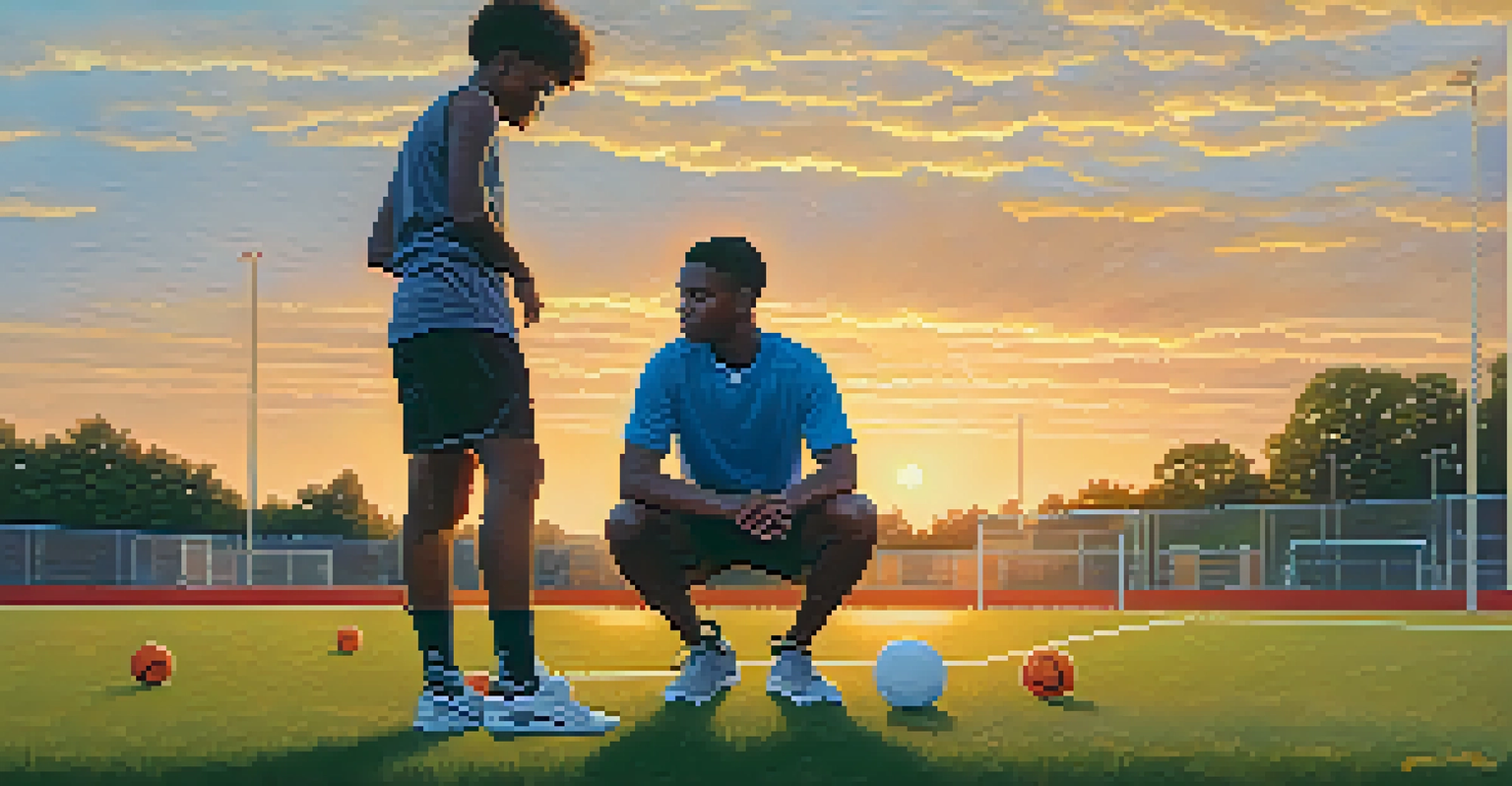 A young athlete listens intently to a coach on a sports field at sunset, illustrating the importance of mentorship.