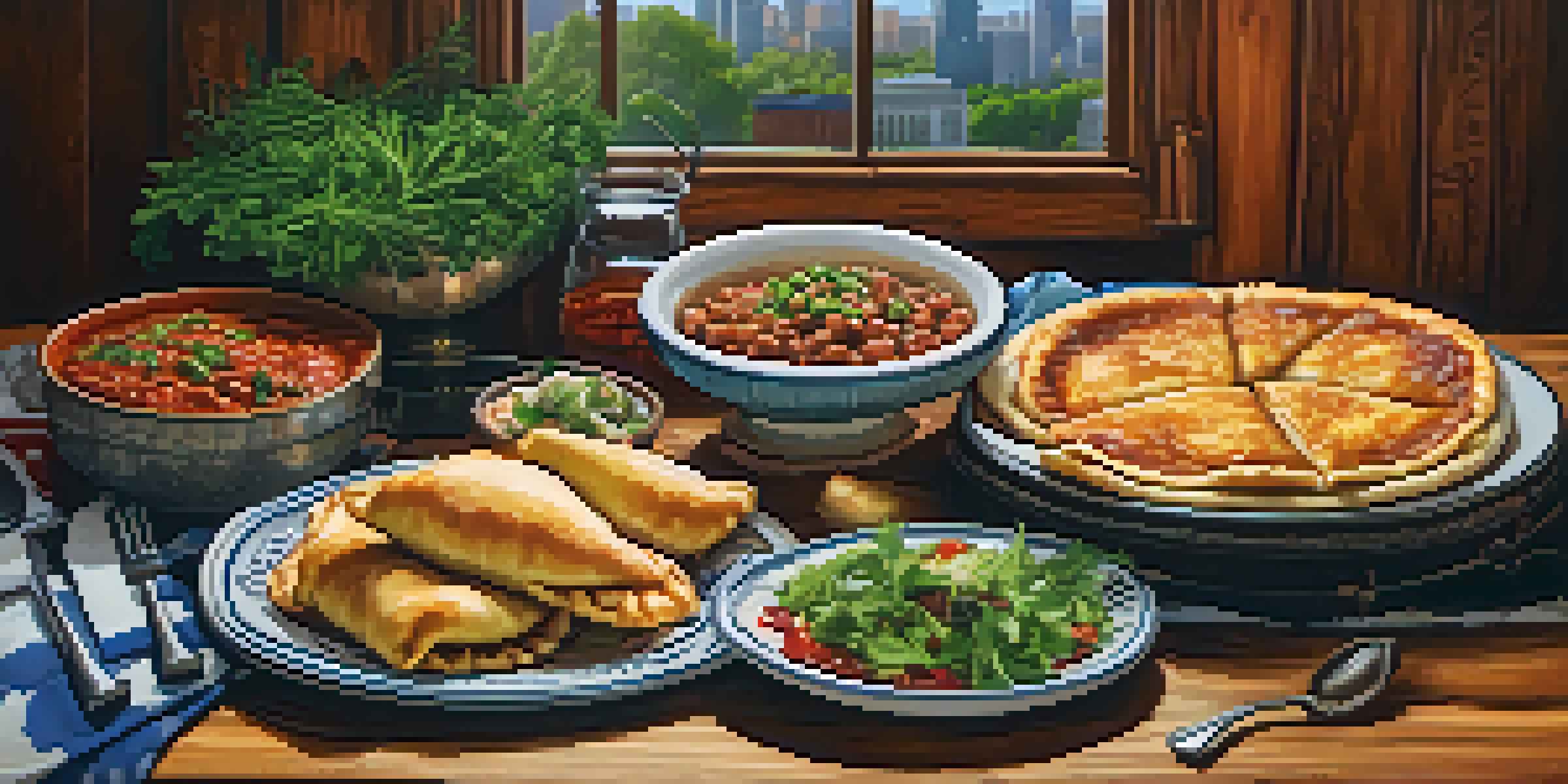 A table filled with diverse dishes from Detroit's culinary scene, including pierogies, shawarma, and pizza, set against a rustic wooden background.