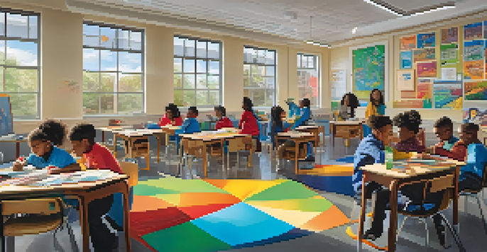 A lively classroom with diverse students collaborating on a project, surrounded by colorful decorations and sunlight.