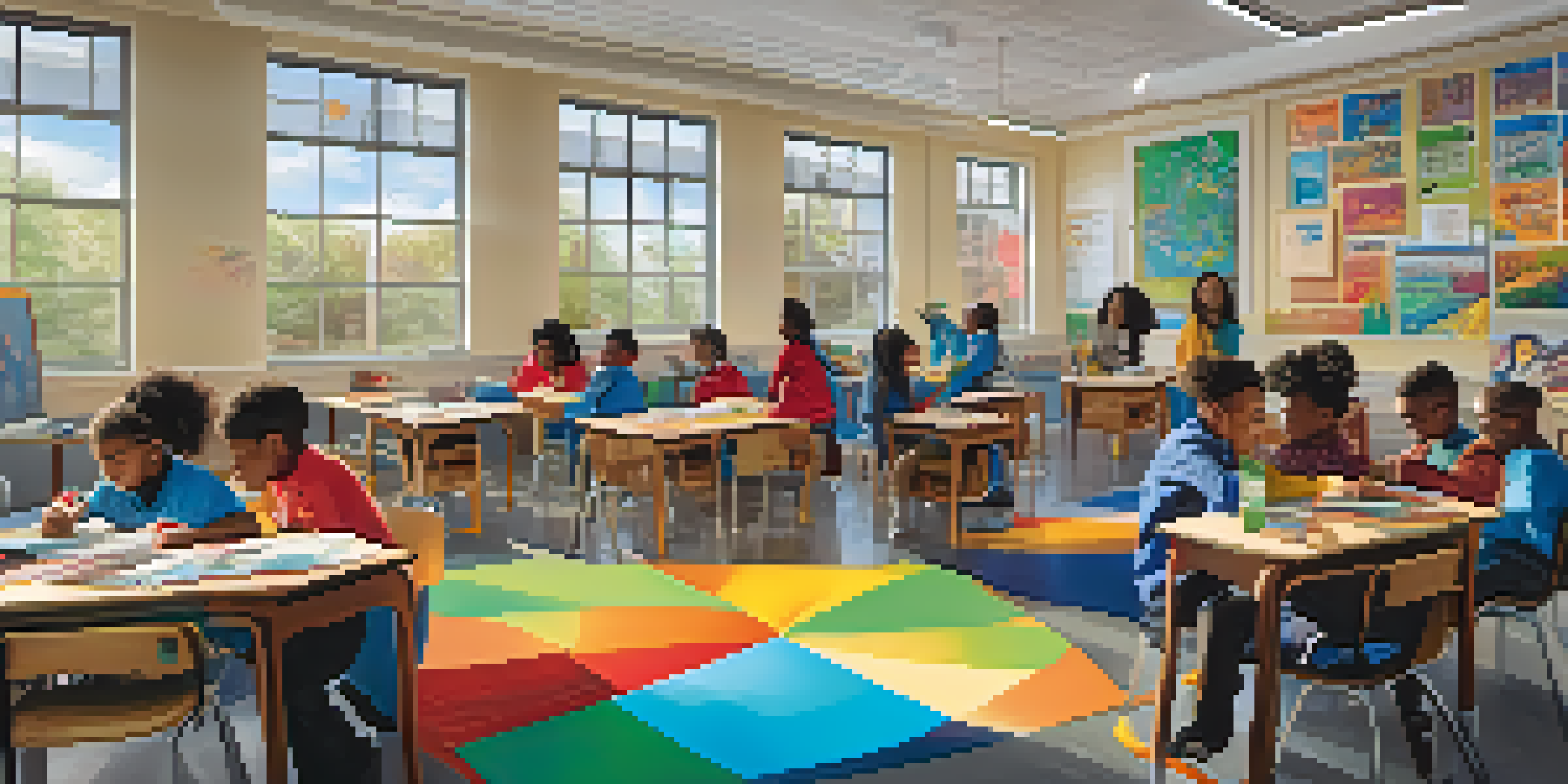 A lively classroom with diverse students collaborating on a project, surrounded by colorful decorations and sunlight.