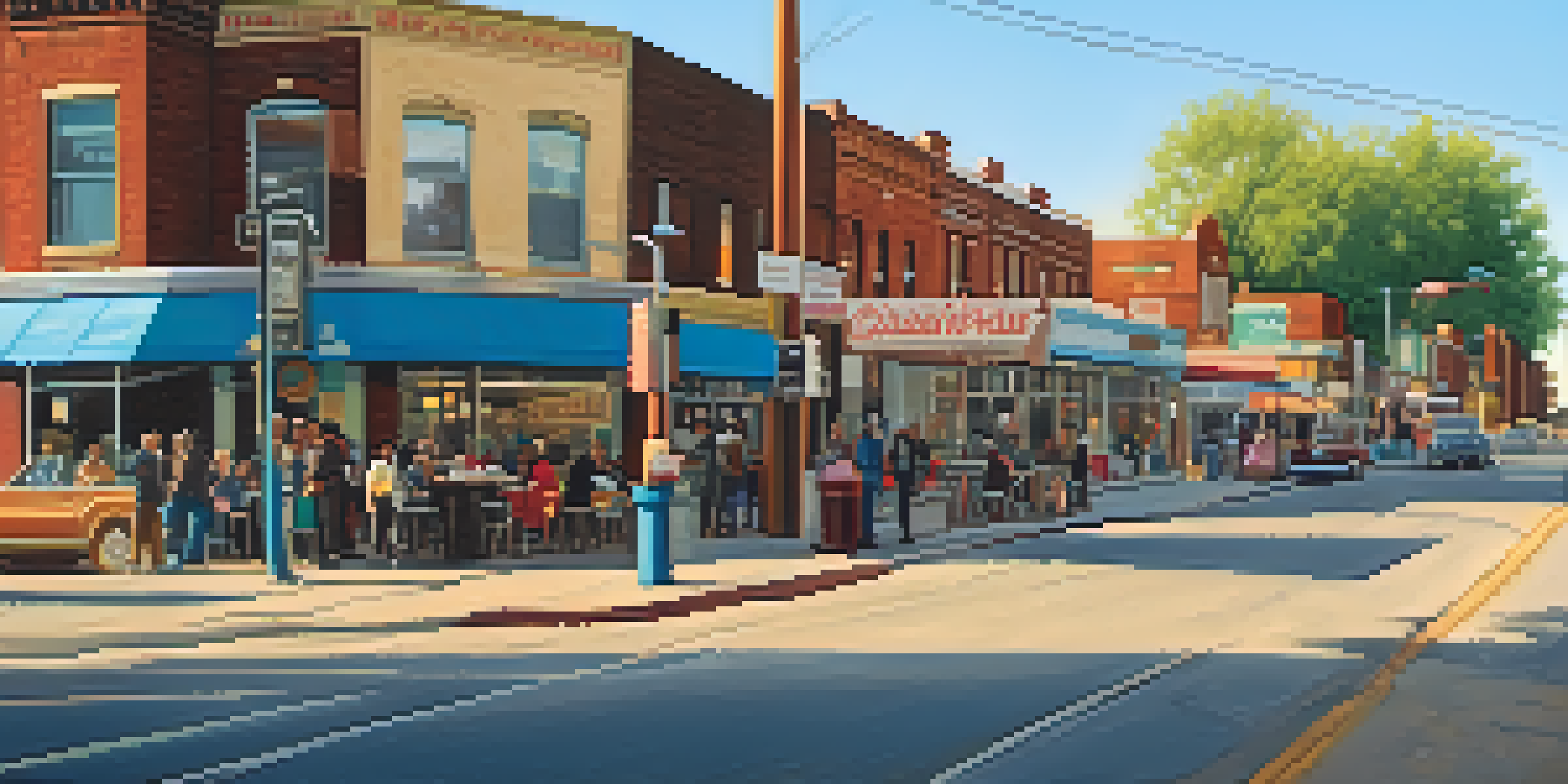 A vibrant street in Detroit featuring small businesses like a vintage diner and an auto parts shop, with people walking by in warm golden hour light.