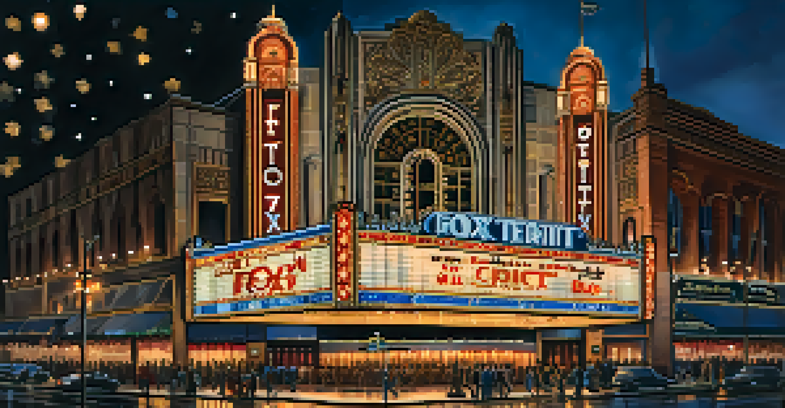 The Fox Theatre in Detroit, beautifully lit at night, showcasing its architecture and vibrant marquee with excited patrons around.