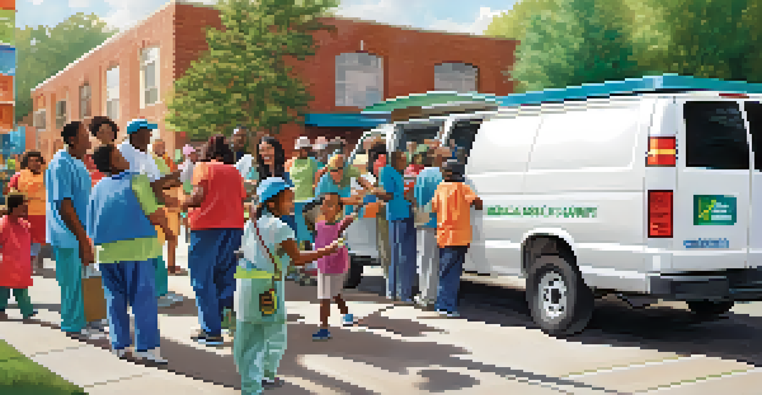 Volunteers assisting residents as they board a van outside a community center for medical appointments, showcasing a sense of support and teamwork.