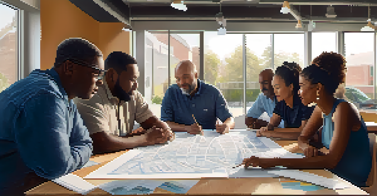 Residents gathered in a community center discussing affordable housing plans, with maps and blueprints on the table.