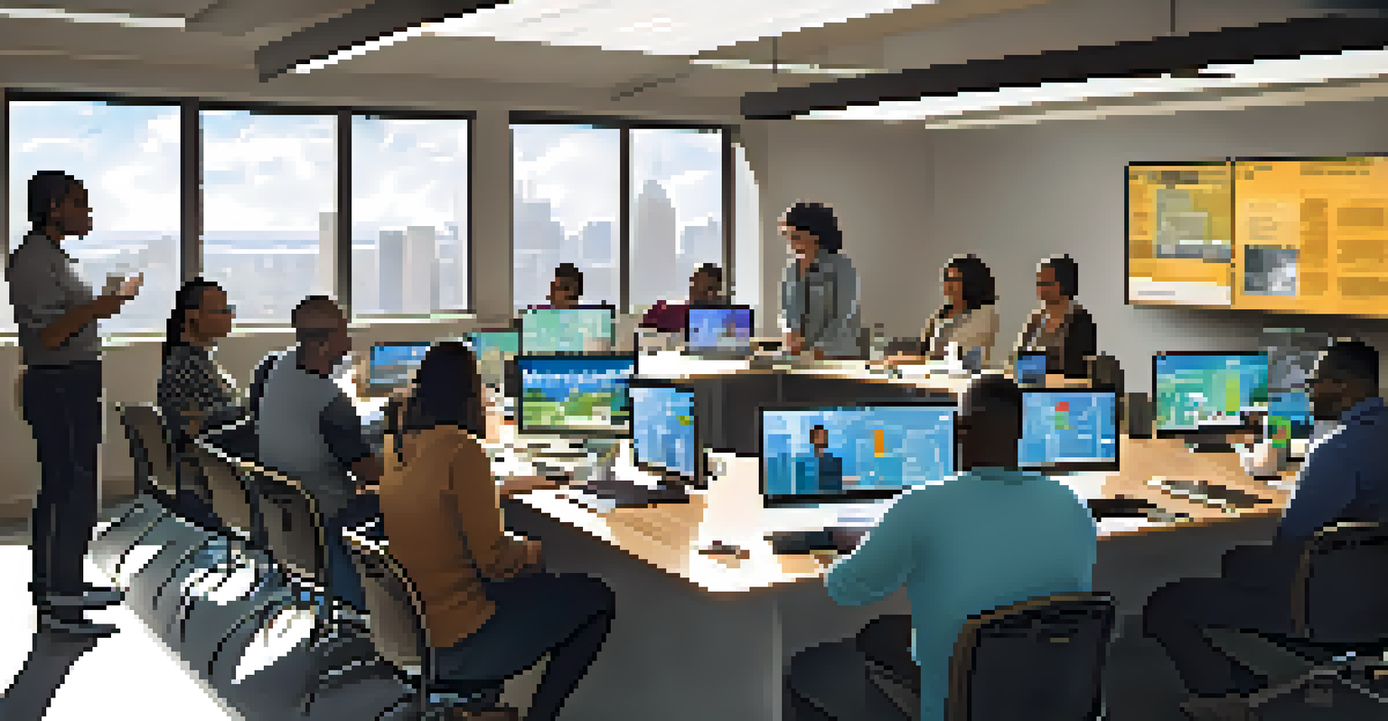 A community engagement workshop in Detroit with diverse residents collaborating on smart city technologies around a table filled with laptops and digital displays.