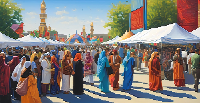 A lively outdoor festival in Detroit with diverse attendees celebrating Arab American culture, featuring colorful tents and traditional performances.