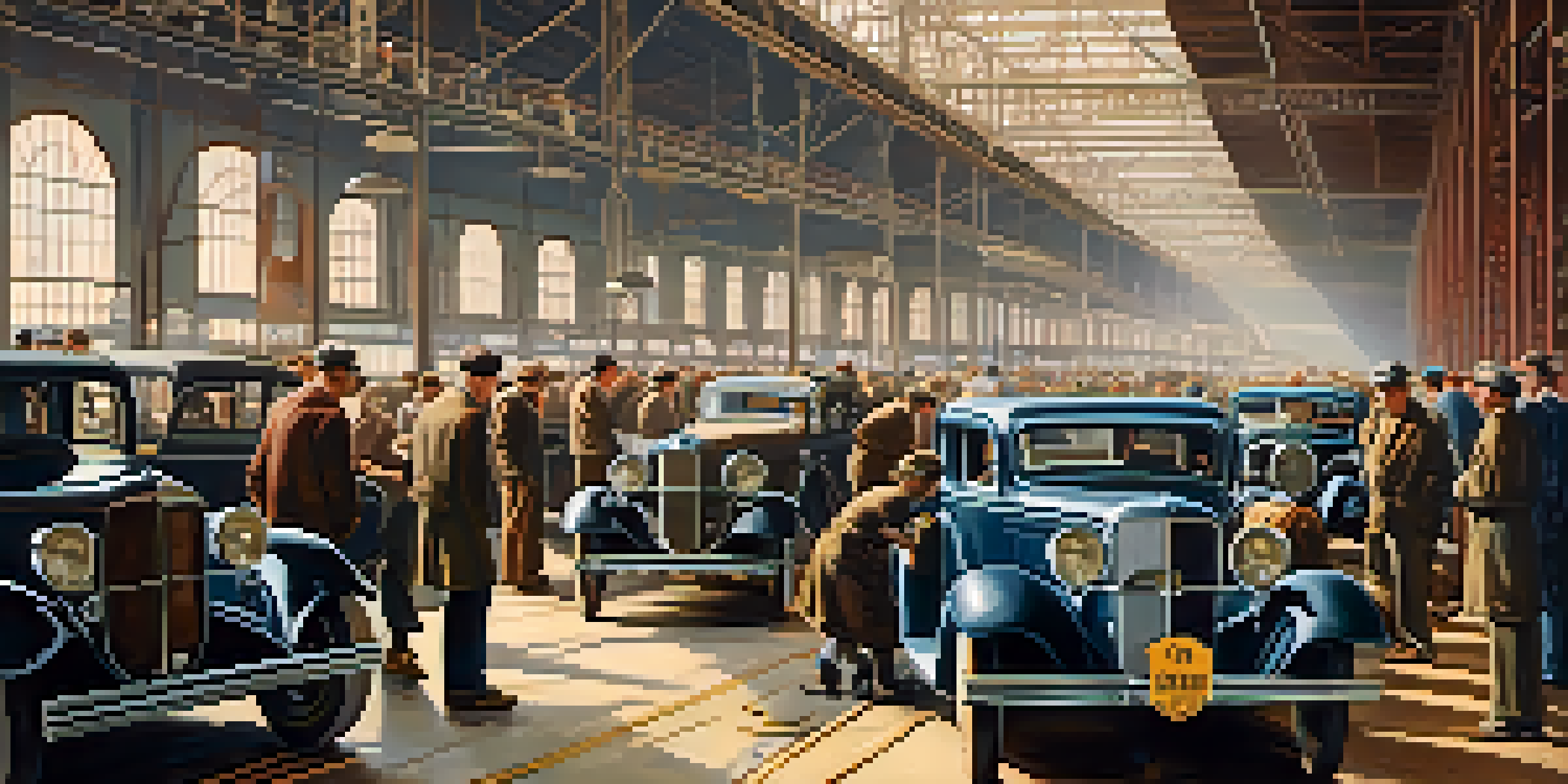 A historical view of a bustling automotive factory in Detroit, with workers assembling early model cars on an assembly line under warm sunlight.