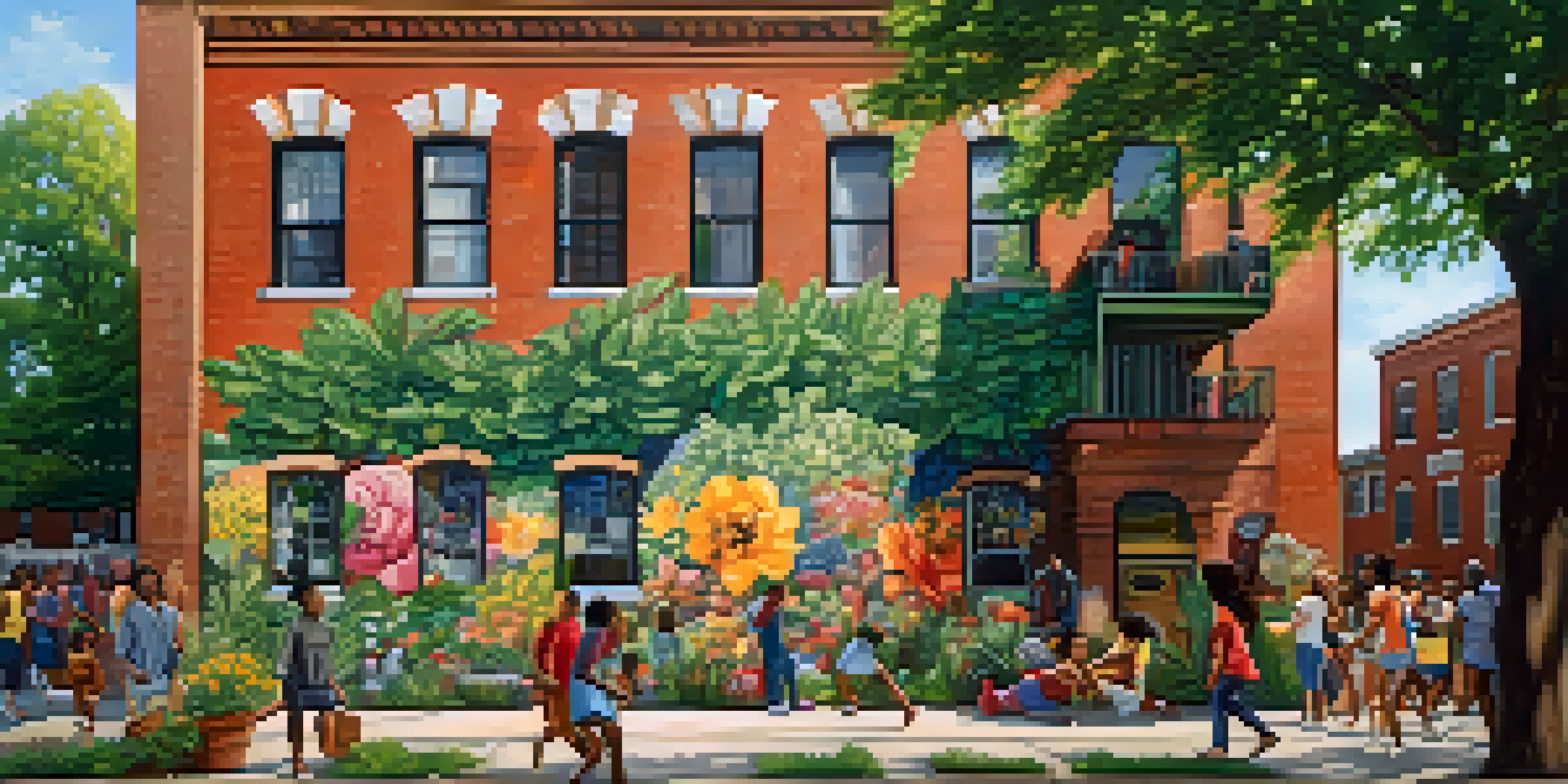 A colorful mural in Detroit featuring diverse people enjoying community activities, set against a historic brick building with greenery.
