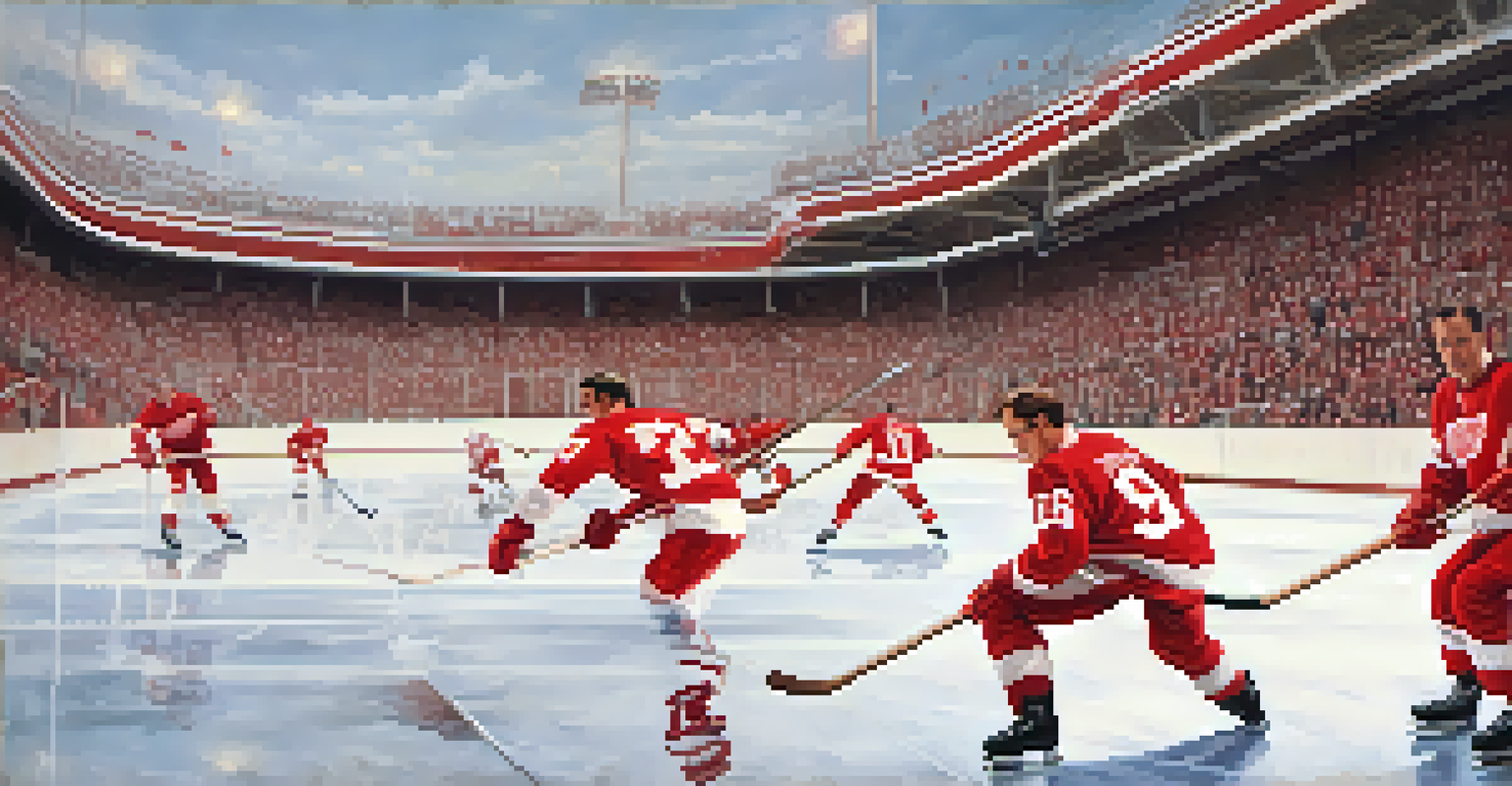 A split image of hockey legends Gordie Howe and Steve Yzerman with a vintage stadium background.