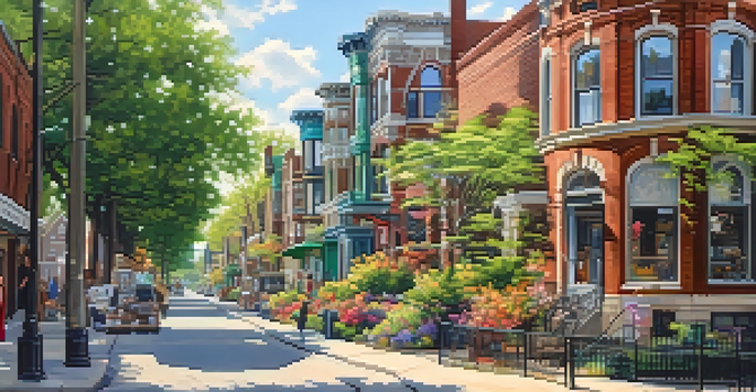 A revitalized Detroit neighborhood with restored historic buildings, murals, cafes, and vibrant greenery.