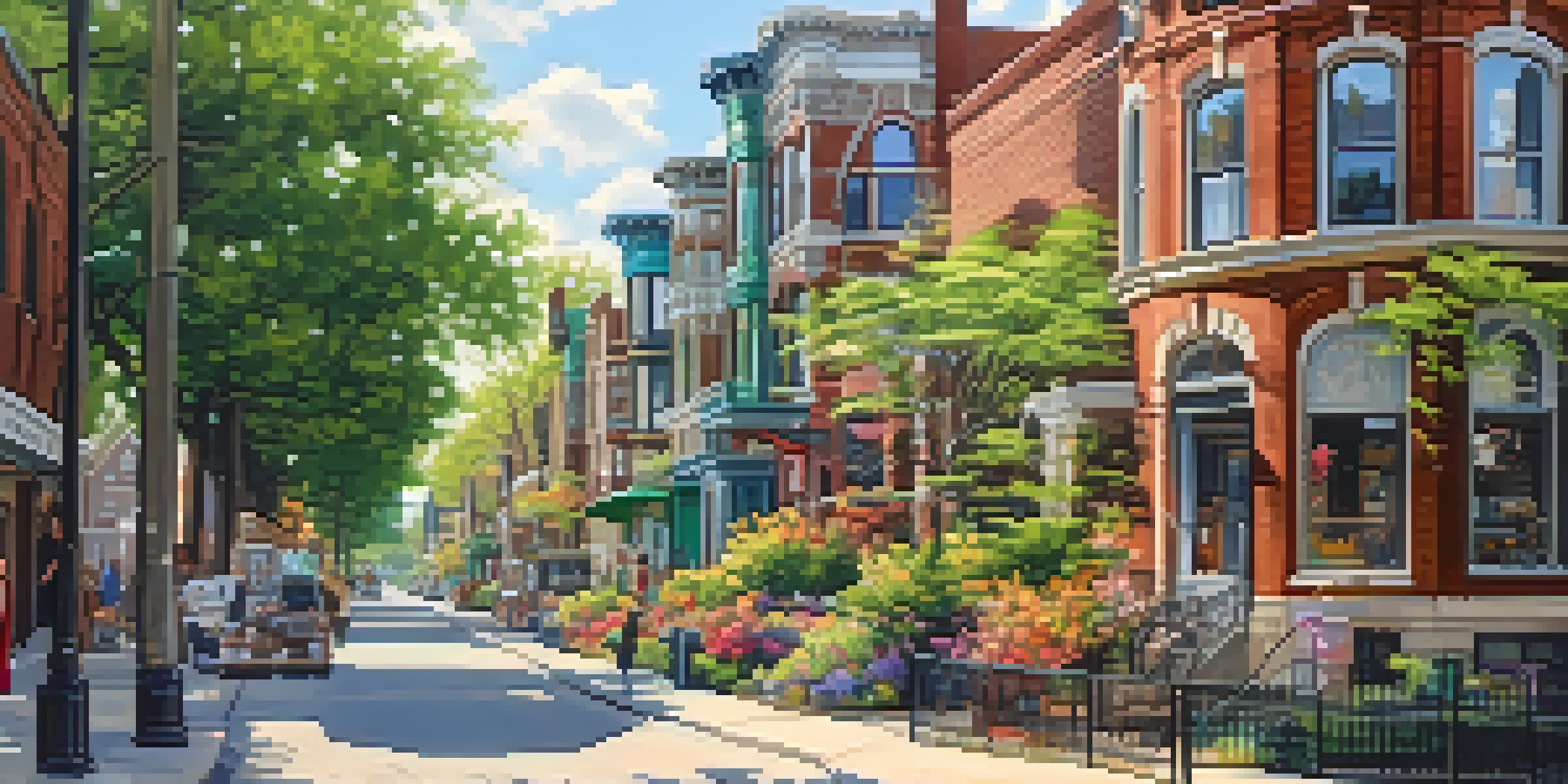 A revitalized Detroit neighborhood with restored historic buildings, murals, cafes, and vibrant greenery.