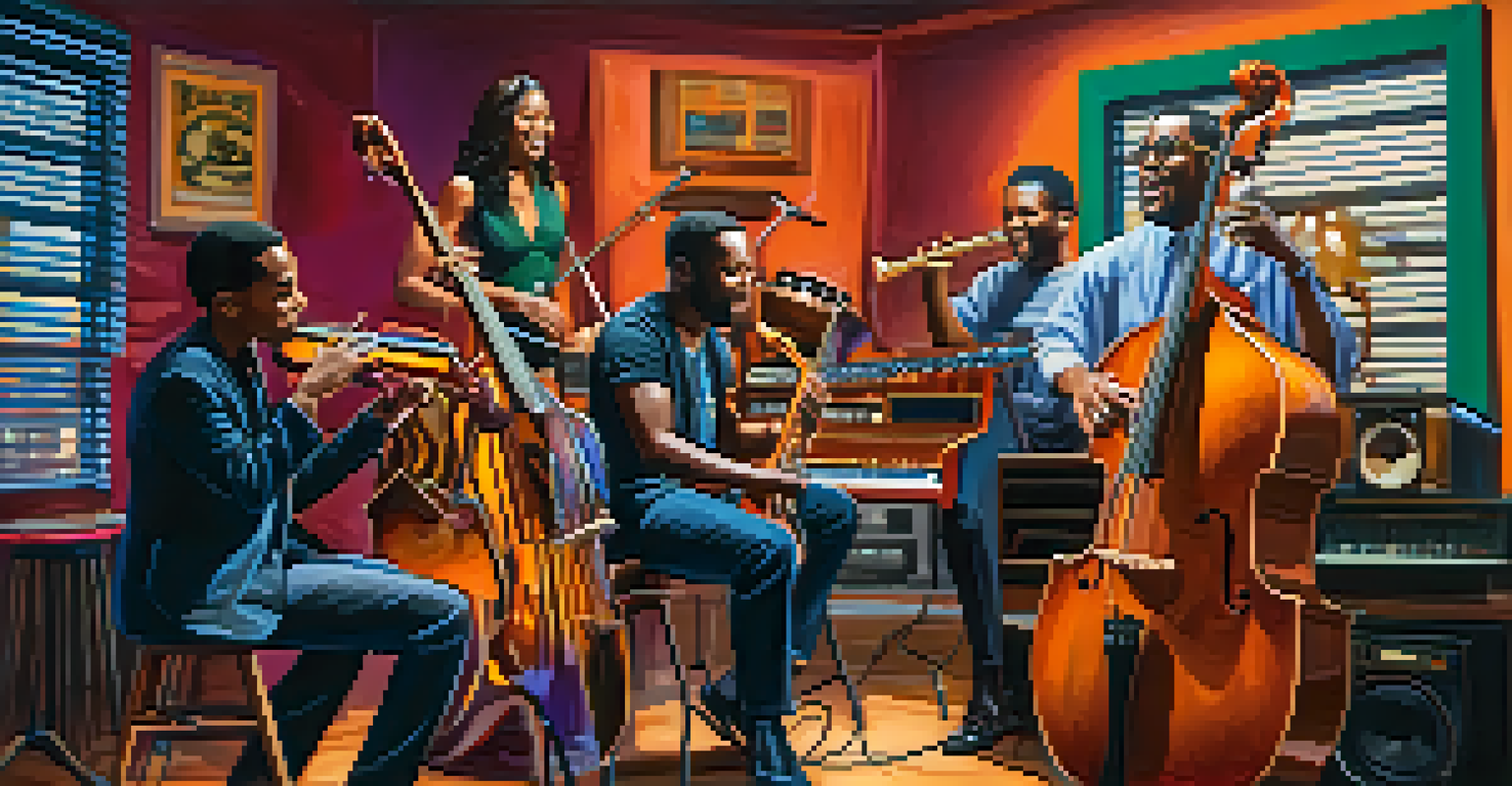 A music studio filled with diverse musicians creating the Motown Sound, surrounded by instruments and warm lighting.