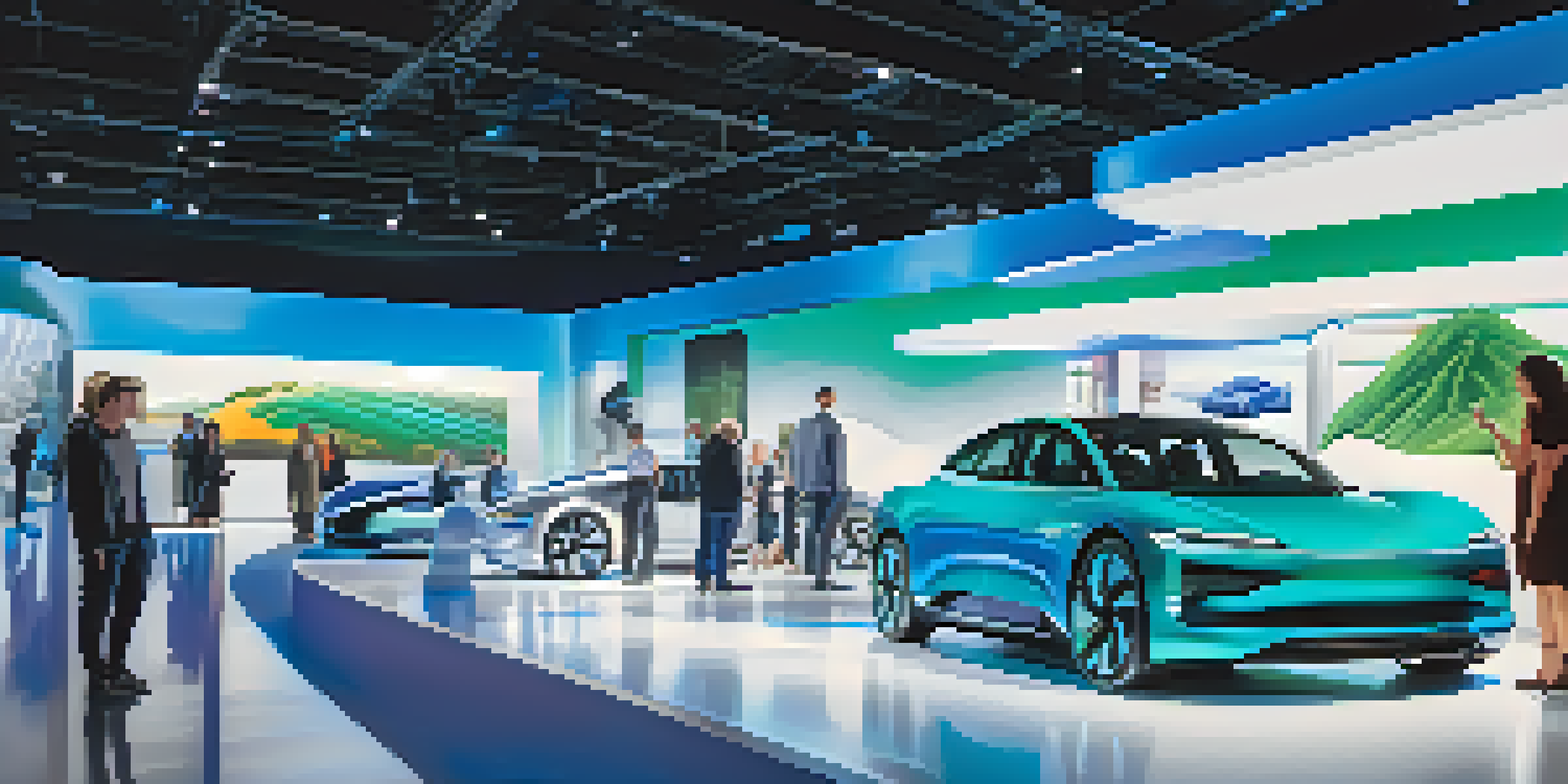 A modern automotive exhibition with electric vehicles and technology displays, surrounded by engaged attendees.
