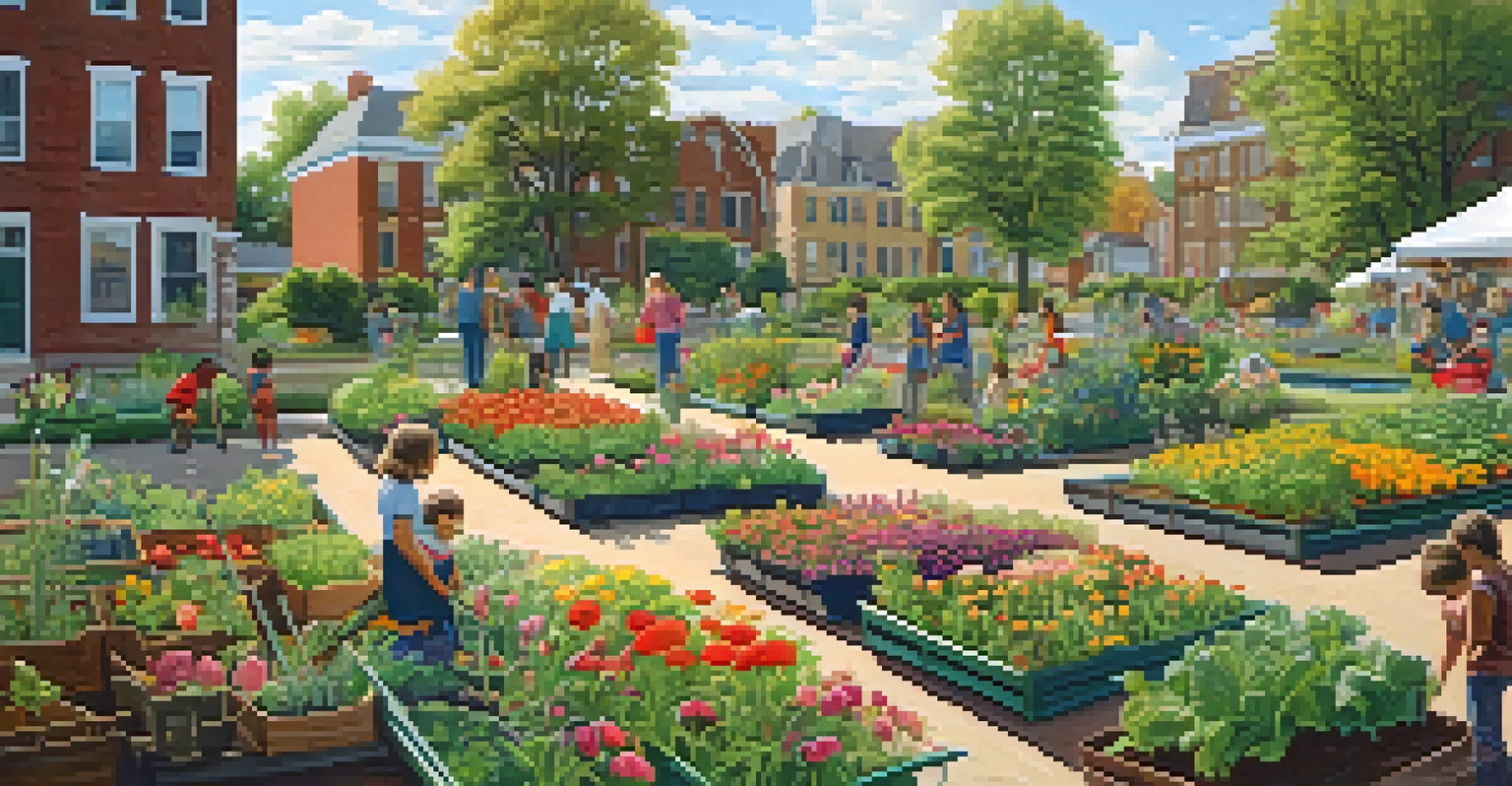 A community garden in Detroit with people gardening, children playing, and a backdrop of restored homes under soft sunlight.