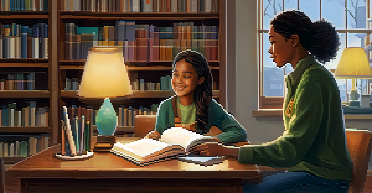 A nonprofit volunteer mentoring a student in a cozy library with bookshelves and warm lighting.